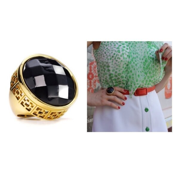 💕TRINA TURK💕 Shanghai Cocktail Ring ~ Resin Black & Gold NWT - Picture 1 of 15